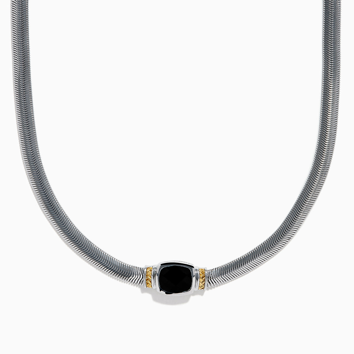 The Eclipse 925 Sterling Silver and 14K Yellow Gold Onyx Necklace features a snake chain and a central black onyx gemstone in an elegant silver and yellow gold-accented setting.