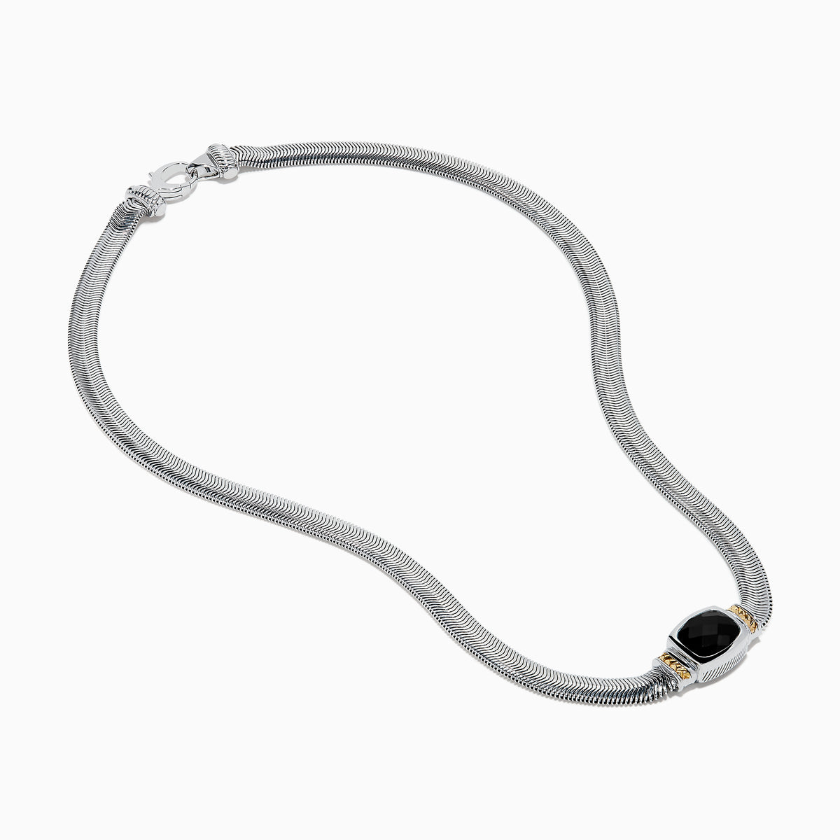 The Eclipse 925 Sterling Silver and 14K Yellow Gold Onyx Necklace features a snake chain and a central black onyx gemstone in an elegant silver and yellow gold-accented setting.