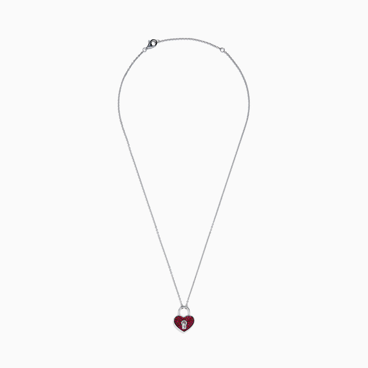 The 925 Sterling Silver Ruby Heart Lock Necklace features a heart-shaped padlock pendant with small red gemstones and a central keyhole, displayed on a white background.