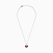 The 925 Sterling Silver Ruby Heart Lock Necklace features a heart-shaped padlock pendant with small red gemstones and a central keyhole, displayed on a white background.