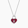 The 925 Sterling Silver Ruby Heart Lock Necklace features a heart-shaped padlock pendant with small red gemstones and a central keyhole, displayed on a white background.