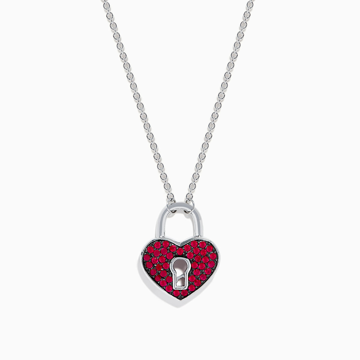 The 925 Sterling Silver Ruby Heart Lock Necklace features a heart-shaped padlock pendant with small red gemstones and a central keyhole, displayed on a white background.