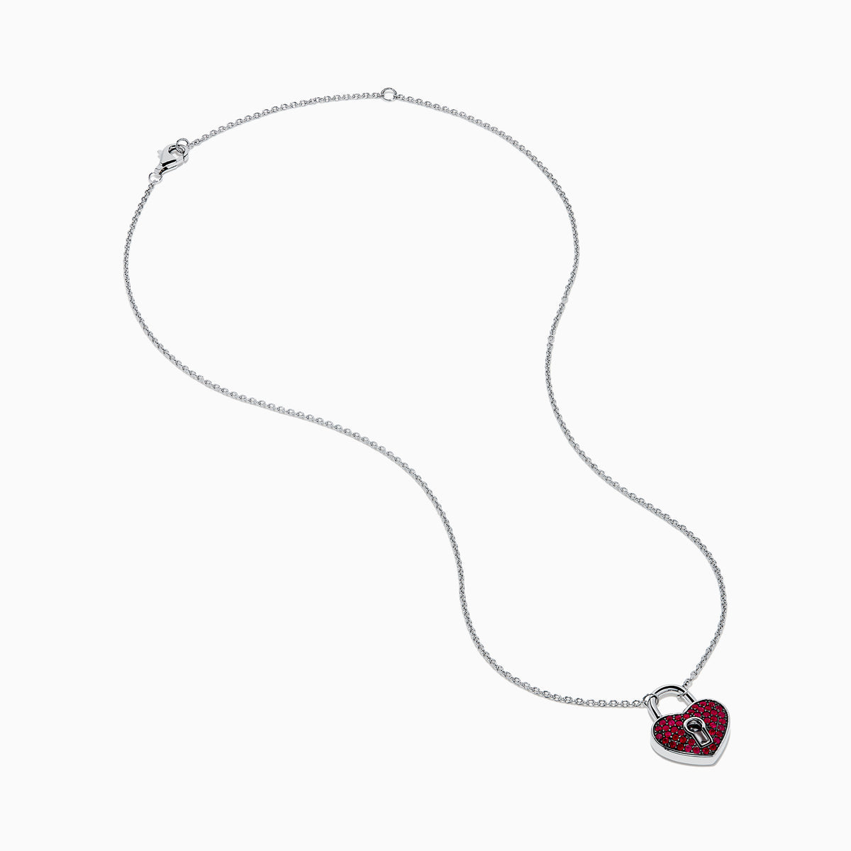 The 925 Sterling Silver Ruby Heart Lock Necklace features a heart-shaped padlock pendant with small red gemstones and a central keyhole, displayed on a white background.