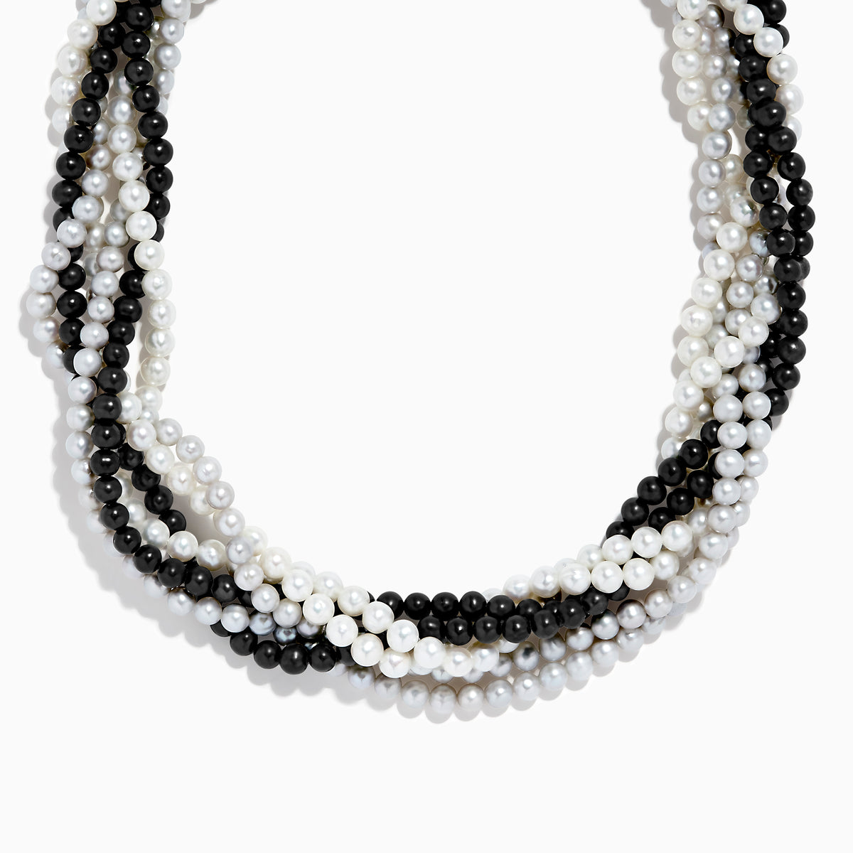 A close-up of the 925 Sterling Silver Fresh Water Pearl Torsade Necklace, featuring several intertwined strands of pearls layered elegantly against a white background.