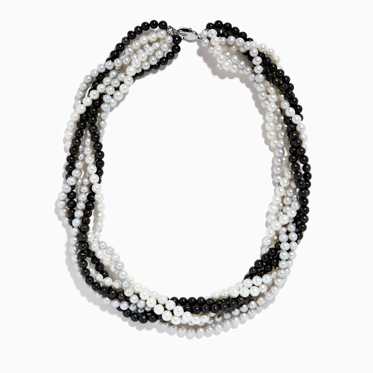 A close-up of the 925 Sterling Silver Fresh Water Pearl Torsade Necklace, featuring several intertwined strands of pearls layered elegantly against a white background.