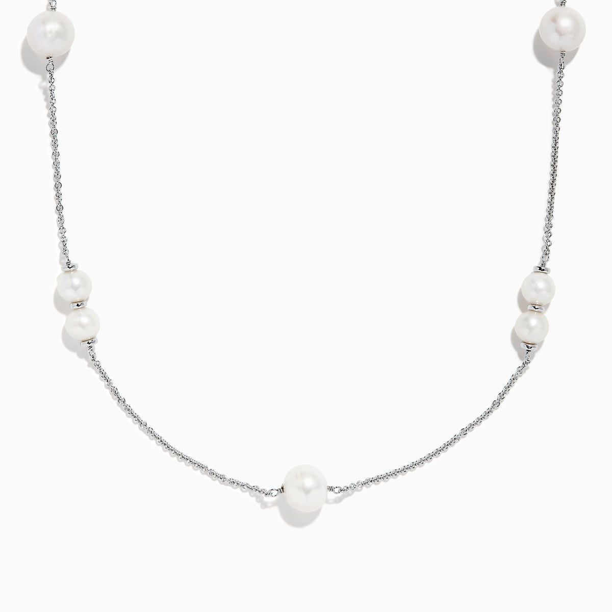 The 925 Sterling Silver Pearl Necklace with Fresh Water Pearl features evenly spaced round pearls on a delicate silver chain, shown on a plain white background.