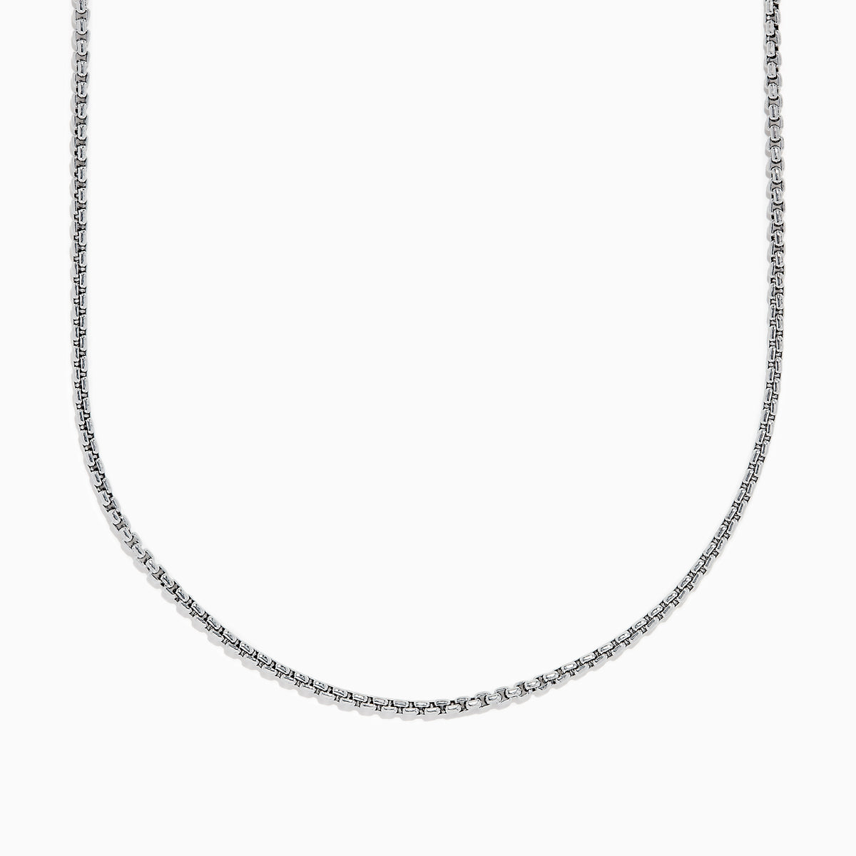 The Mens 925 Sterling Silver Chain Necklace features a two-layered box link design, displayed in a gentle curve on a plain white background to showcase its shiny metallic finish and simple elegance. Ideal as a mens accessory.