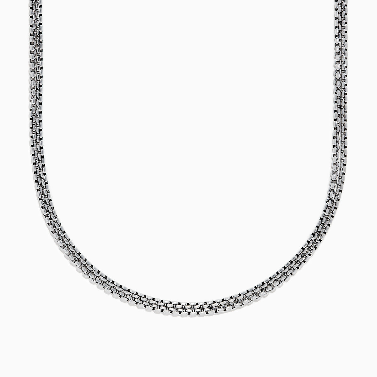The Mens 925 Sterling Silver Chain Necklace features a two-layered box link design, displayed in a gentle curve on a plain white background to showcase its shiny metallic finish and simple elegance. Ideal as a mens accessory.