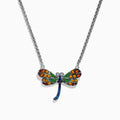 The Nature Sterling Silver Multi Gemstone Dragonfly Necklace features a pendant with orange, yellow, green, and blue gemstone accents on its wings and body, displayed against a white background.