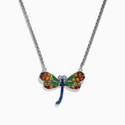 The Nature Sterling Silver Multi Gemstone Dragonfly Necklace features a pendant with orange, yellow, green, and blue gemstone accents on its wings and body, displayed against a white background.