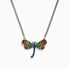 The Nature Sterling Silver Multi Gemstone Dragonfly Necklace features a pendant with orange, yellow, green, and blue gemstone accents on its wings and body, displayed against a white background.