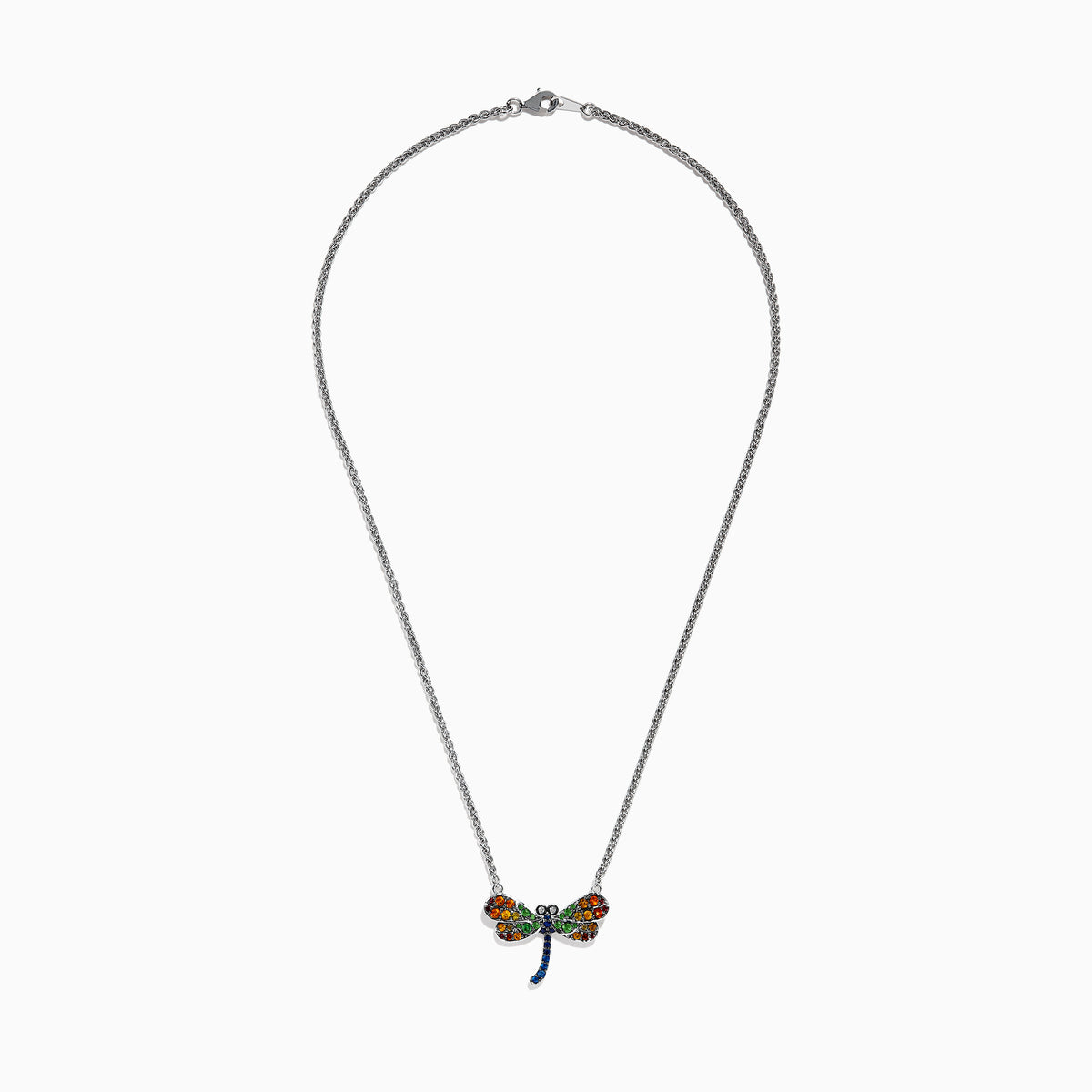 The Nature Sterling Silver Multi Gemstone Dragonfly Necklace features a pendant with orange, yellow, green, and blue gemstone accents on its wings and body, displayed against a white background.