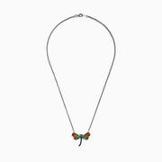 The Nature Sterling Silver Multi Gemstone Dragonfly Necklace features a pendant with orange, yellow, green, and blue gemstone accents on its wings and body, displayed against a white background.
