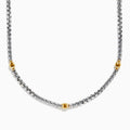 The Mens 925 Sterling Silver and Yellow Gold Plated Necklace features a box chain with three evenly spaced gold accent beads, displayed in a gentle curve on a white background.