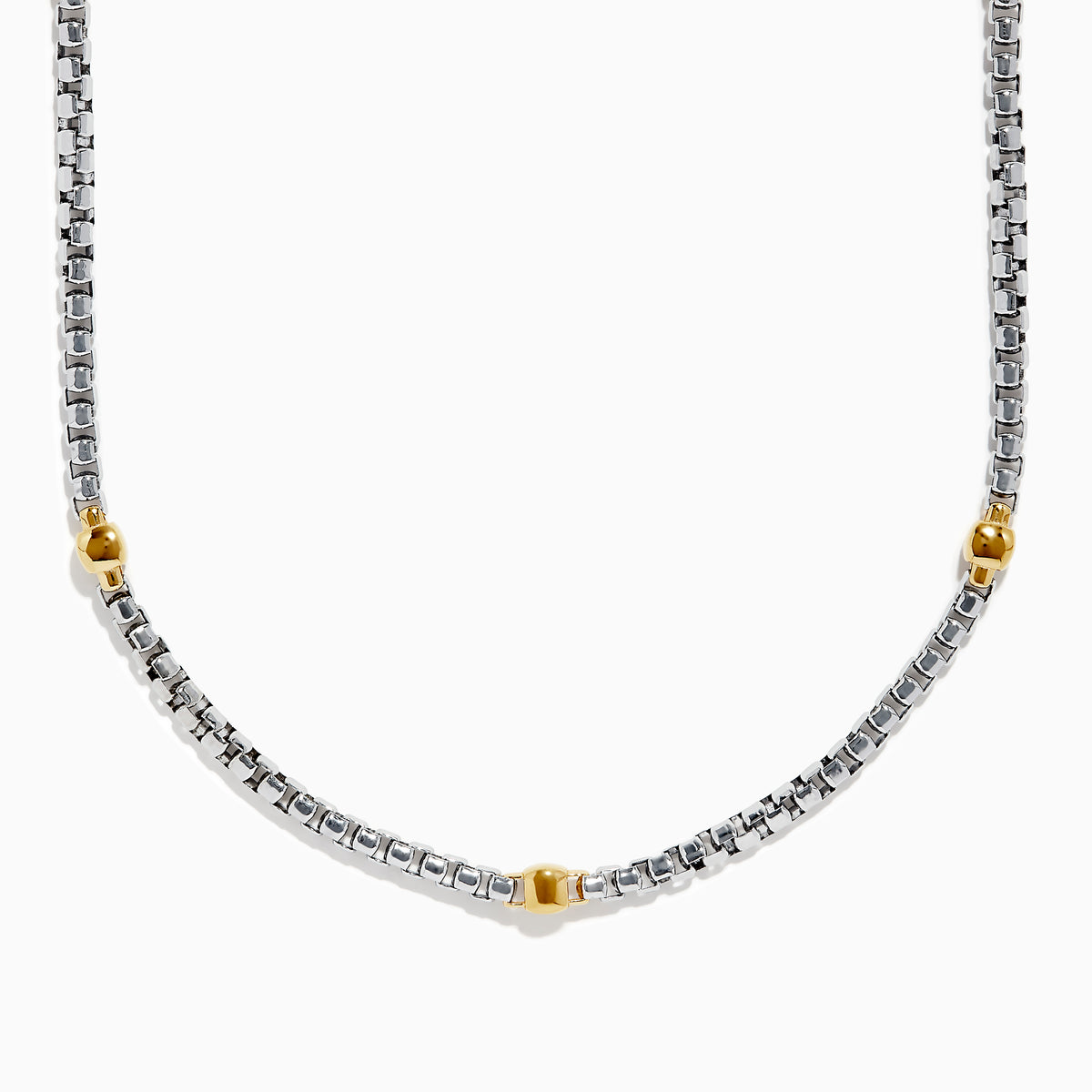 The Mens 925 Sterling Silver and Yellow Gold Plated Necklace features a box chain with three evenly spaced gold accent beads, displayed in a gentle curve on a white background.