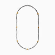 The Mens 925 Sterling Silver and Yellow Gold Plated Necklace features a box chain with three evenly spaced gold accent beads, displayed in a gentle curve on a white background.