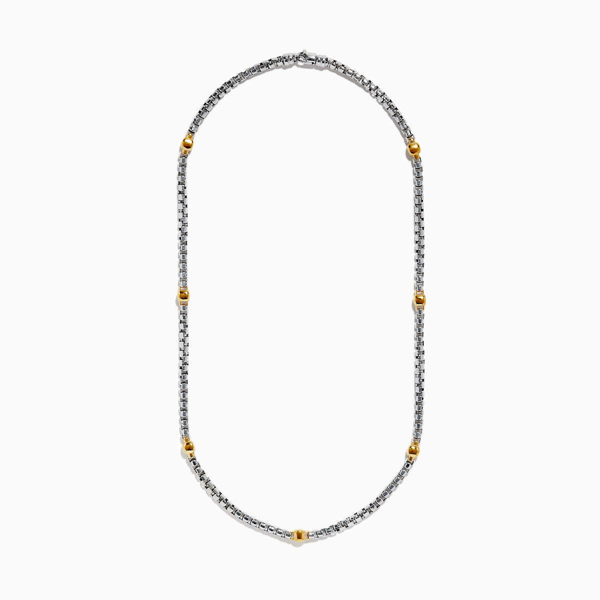 The Mens 925 Sterling Silver and Yellow Gold Plated Necklace features a box chain with three evenly spaced gold accent beads, displayed in a gentle curve on a white background.