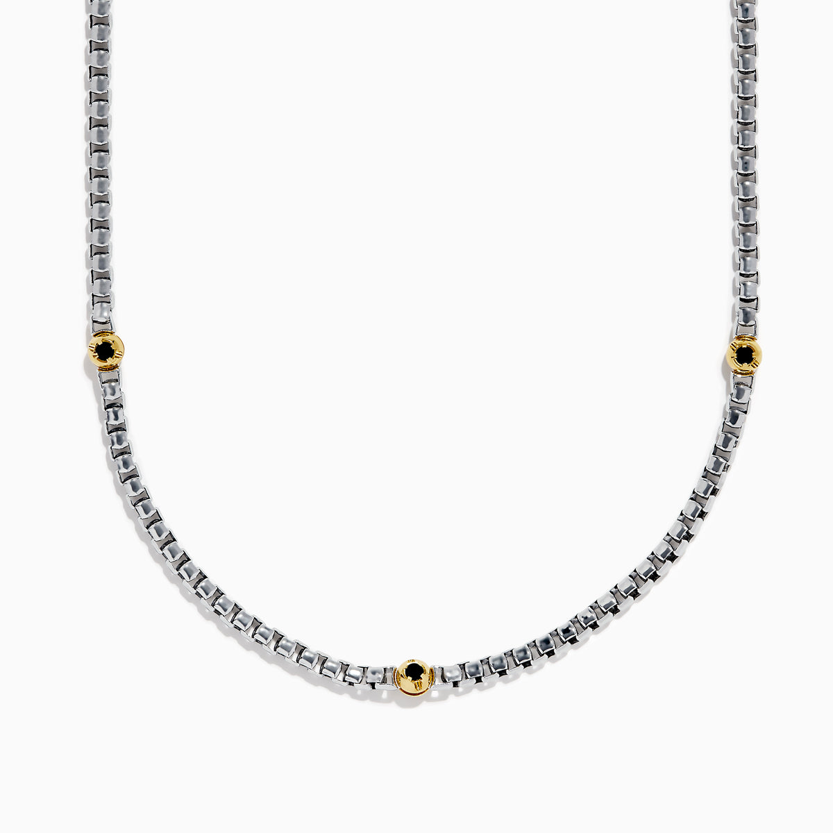 The Mens 925 Sterling Silver Black Spinel Necklace features three evenly spaced gold settings with small round black gemstones for a simple, elegant look.