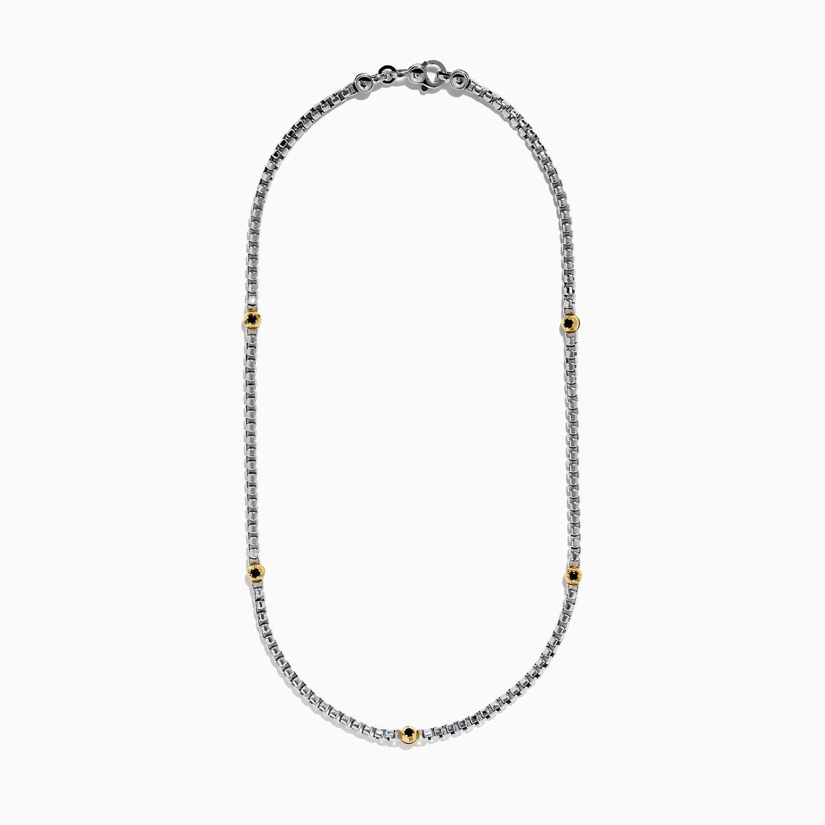 The Mens 925 Sterling Silver Black Spinel Necklace features three evenly spaced gold settings with small round black gemstones for a simple, elegant look.