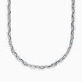 The Mens 925 Sterling Silver Necklace showcases intricately linked rectangular and oval-shaped links, elegantly crafted and displayed against a plain white background.