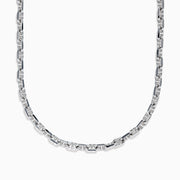 The Mens 925 Sterling Silver Necklace showcases intricately linked rectangular and oval-shaped links, elegantly crafted and displayed against a plain white background.