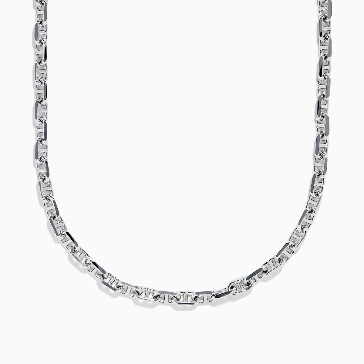 The Mens 925 Sterling Silver Necklace showcases intricately linked rectangular and oval-shaped links, elegantly crafted and displayed against a plain white background.