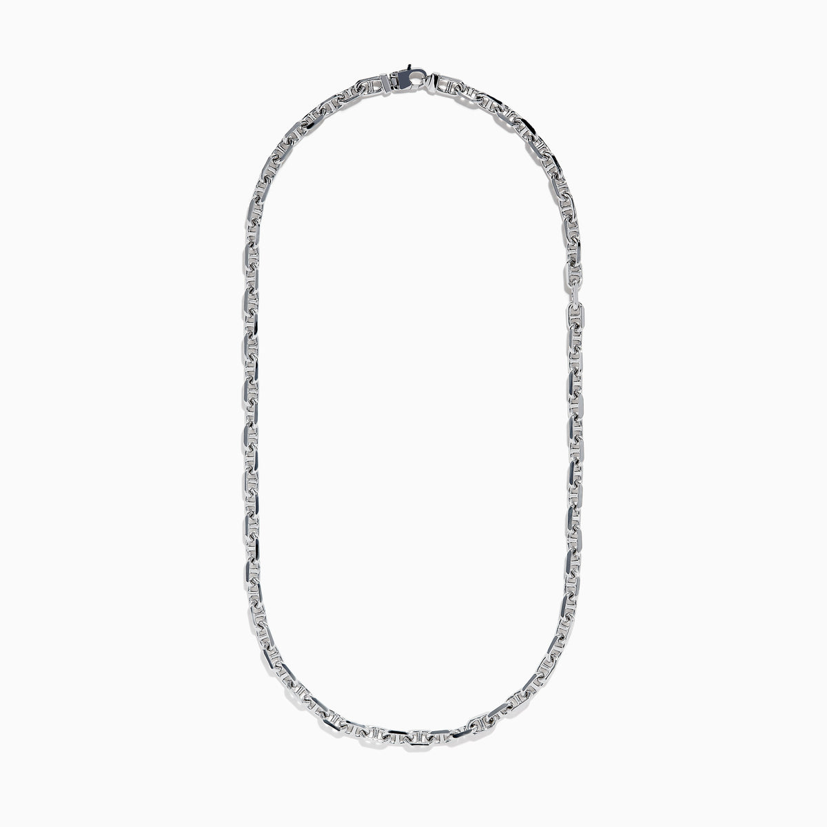 The Mens 925 Sterling Silver Necklace showcases intricately linked rectangular and oval-shaped links, elegantly crafted and displayed against a plain white background.