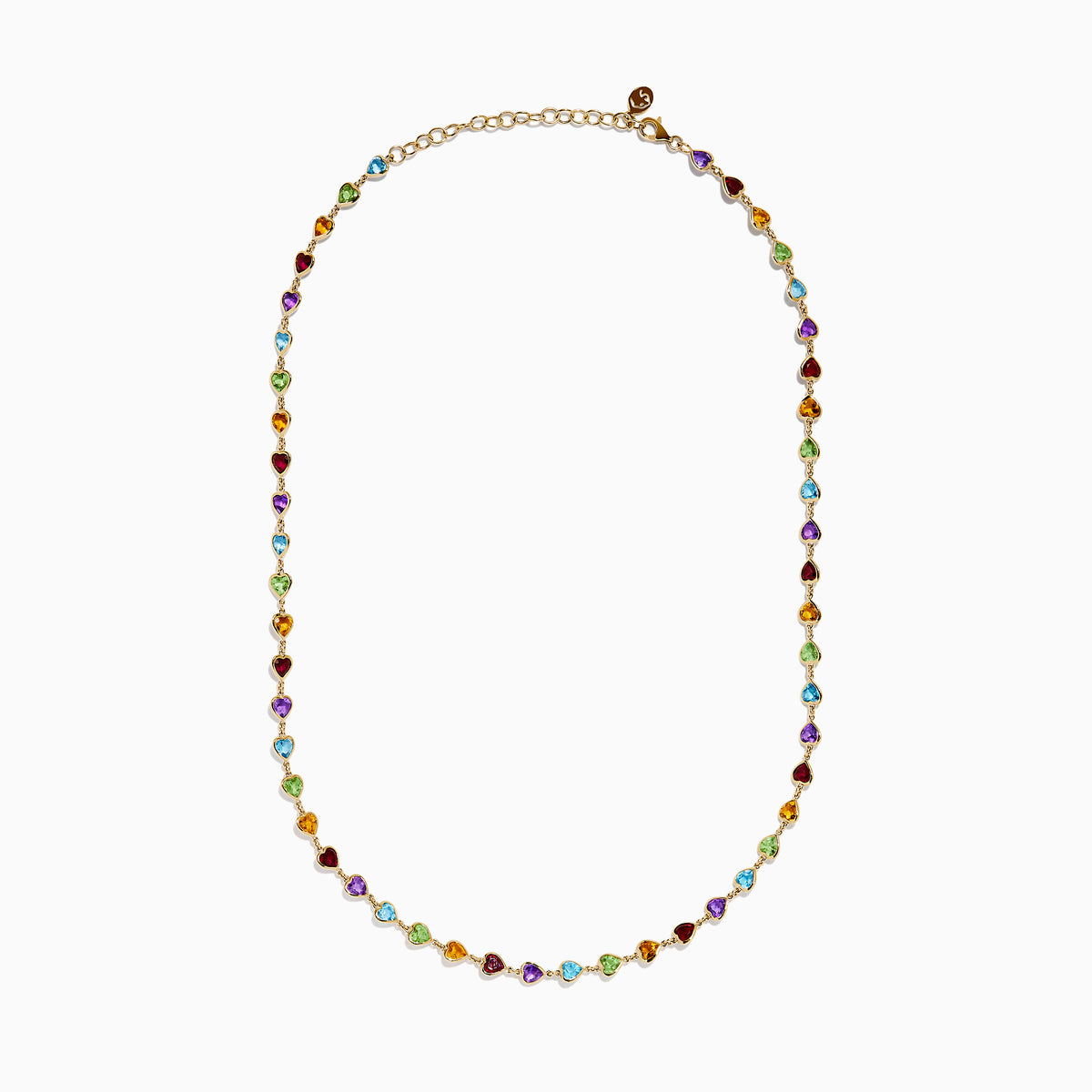 The 14K Yellow Gold Multi-Gemstone Bezel Heart Station Necklace showcases vibrant heart-shaped gemstones bezel-set and evenly spaced along a delicate yellow gold chain.