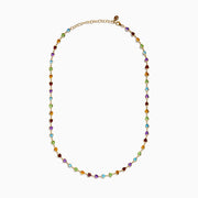 The 14K Yellow Gold Multi-Gemstone Bezel Heart Station Necklace showcases vibrant heart-shaped gemstones bezel-set and evenly spaced along a delicate yellow gold chain.