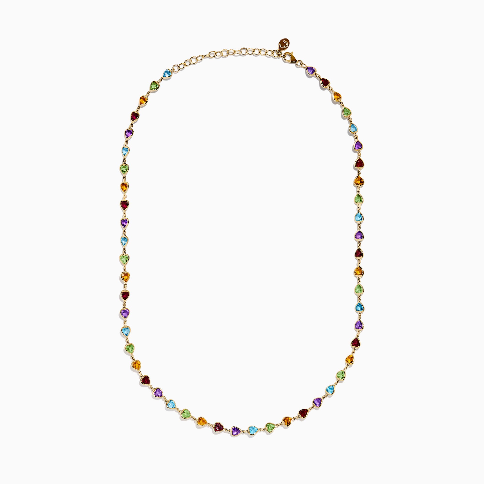 The 14K Yellow Gold Multi-Gemstone Bezel Heart Station Necklace showcases vibrant heart-shaped gemstones bezel-set and evenly spaced along a delicate yellow gold chain.
