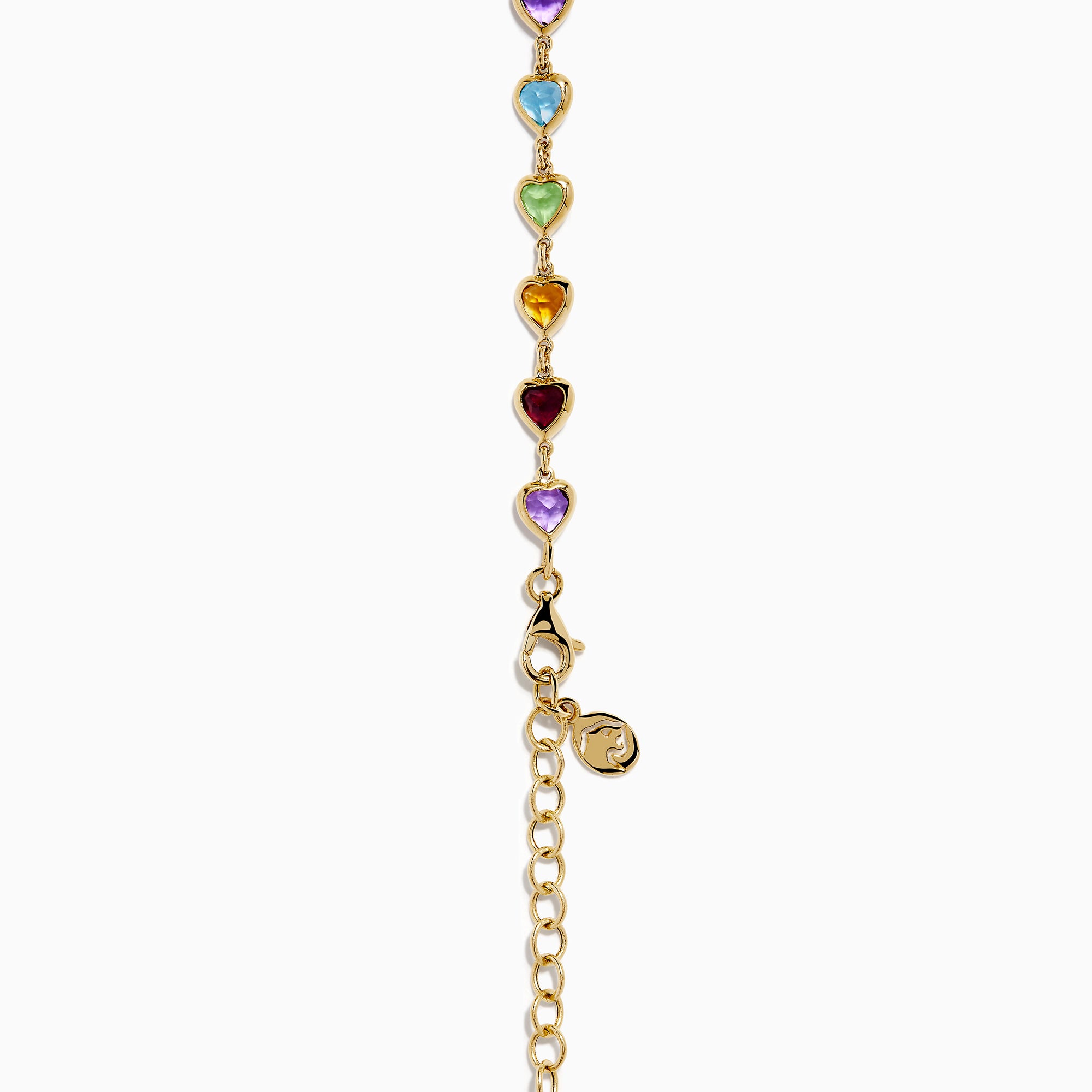 The 14K Yellow Gold Multi-Gemstone Bezel Heart Station Necklace showcases vibrant heart-shaped gemstones bezel-set and evenly spaced along a delicate yellow gold chain.