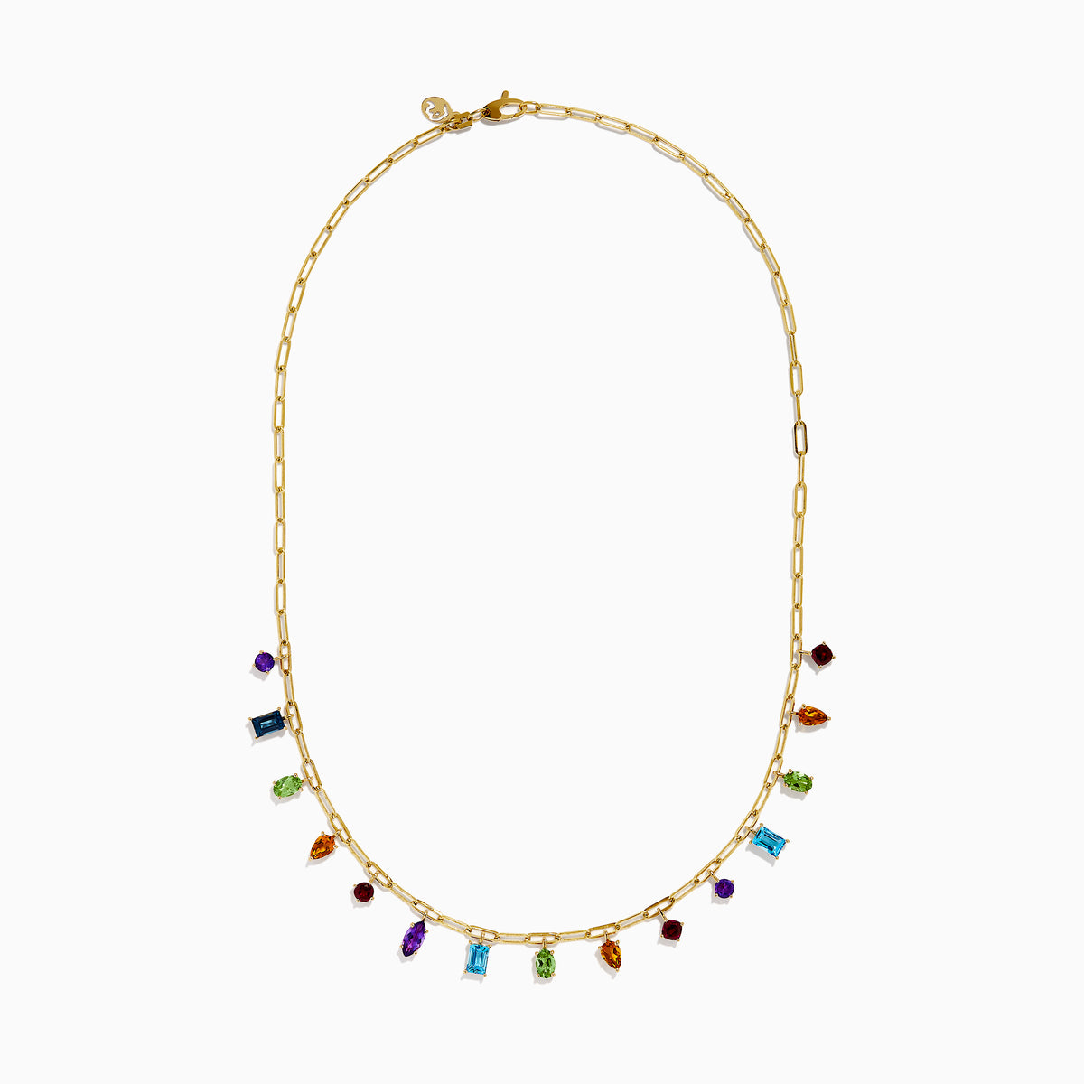 The 14K Yellow Gold Multi-Gemstone Paperclip Chain Fringe Necklace features vibrant gemstones in assorted shapes and sizes along a paperclip chain, beautifully displayed on a white background.
