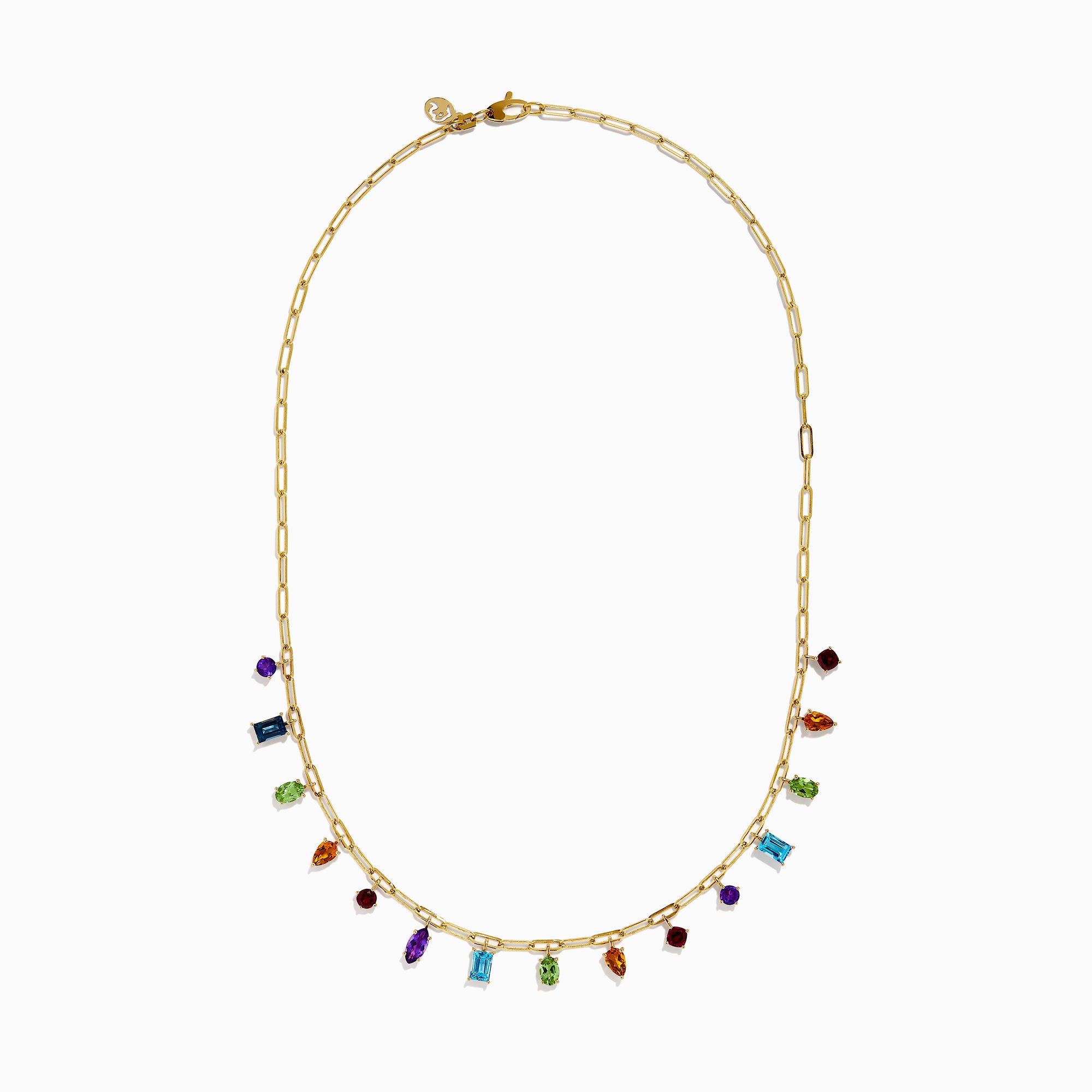 The 14K Yellow Gold Multi-Gemstone Paperclip Chain Fringe Necklace features vibrant gemstones in assorted shapes and sizes along a paperclip chain, beautifully displayed on a white background.