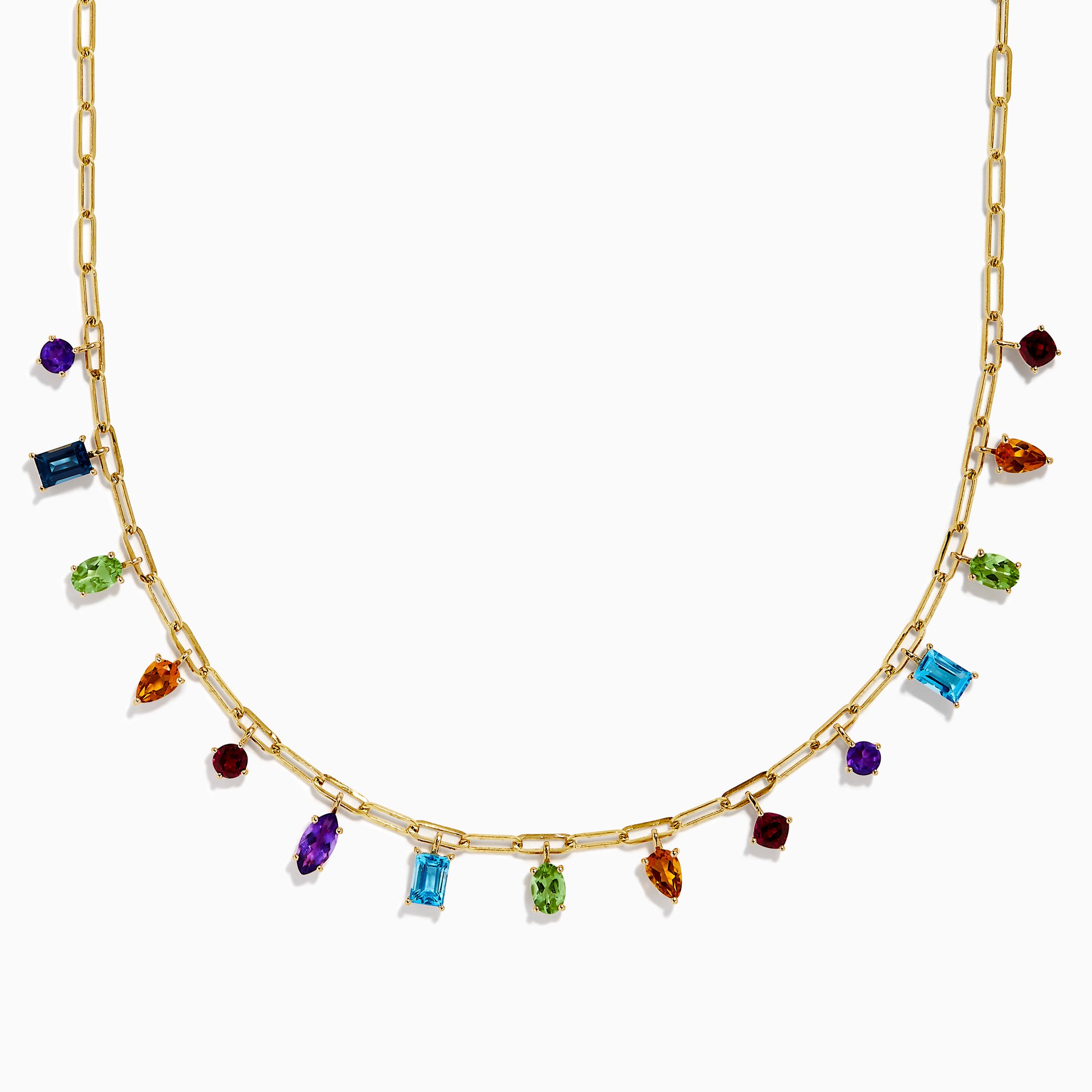 The 14K Yellow Gold Multi-Gemstone Paperclip Chain Fringe Necklace features vibrant gemstones in assorted shapes and sizes along a paperclip chain, beautifully displayed on a white background.