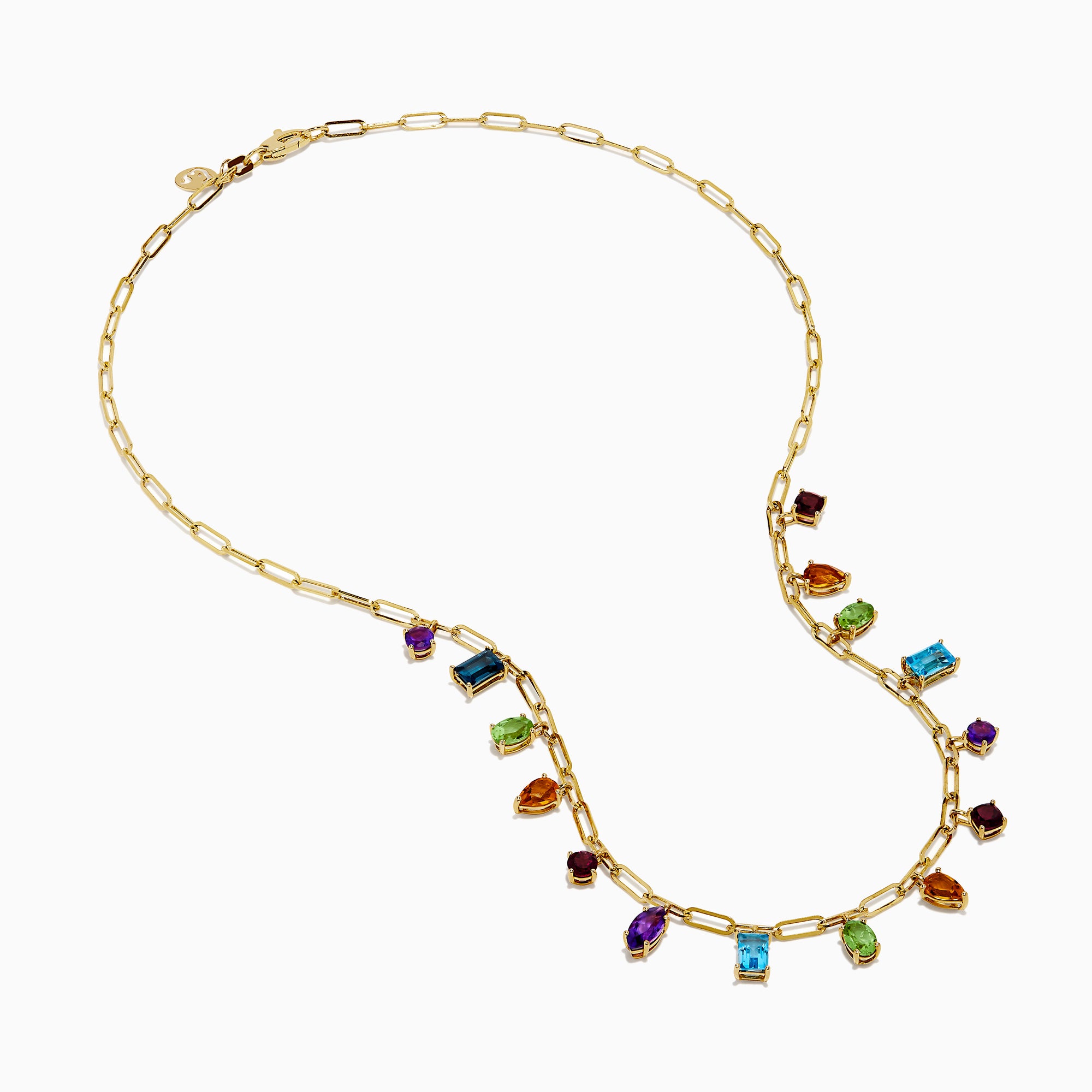 The 14K Yellow Gold Multi-Gemstone Paperclip Chain Fringe Necklace features vibrant gemstones in assorted shapes and sizes along a paperclip chain, beautifully displayed on a white background.