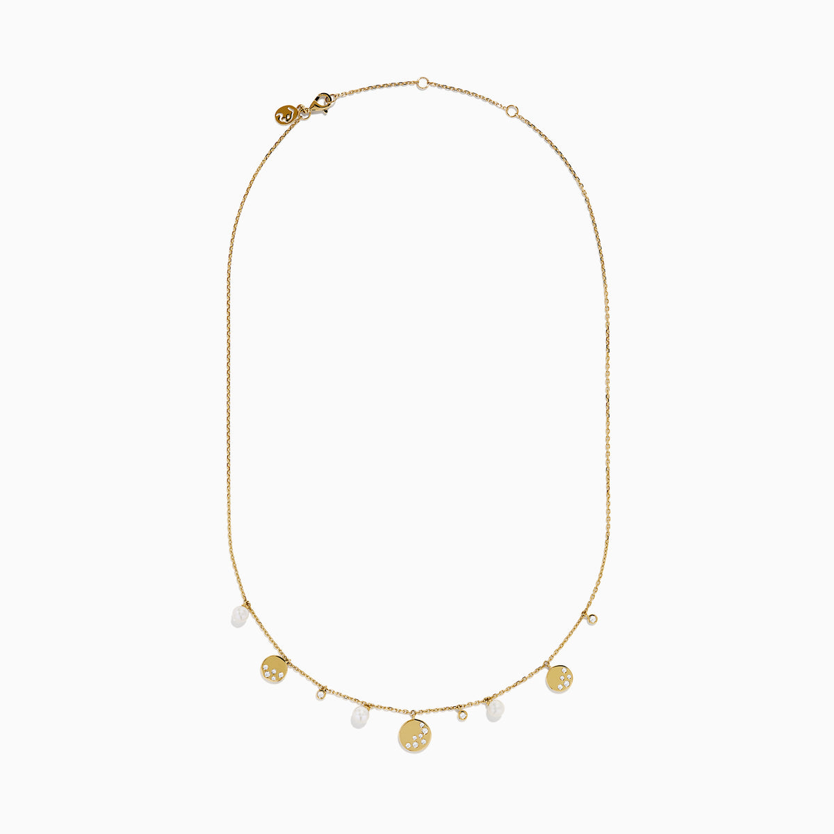 The 14K Yellow Gold Pearl and Diamond Necklace features small round charms and lustrous pearls, with some charms adorned with sparkling diamonds, creating an elegant and delicate design against a white background.