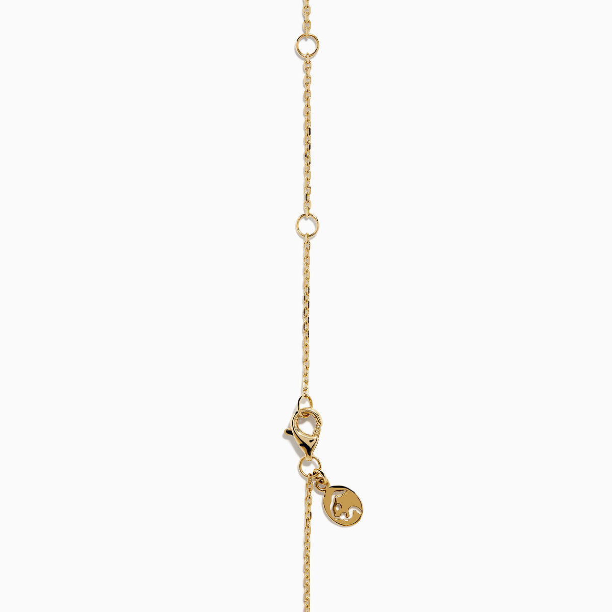The 14K Yellow Gold Pearl and Diamond Necklace features small round charms and lustrous pearls, with some charms adorned with sparkling diamonds, creating an elegant and delicate design against a white background.