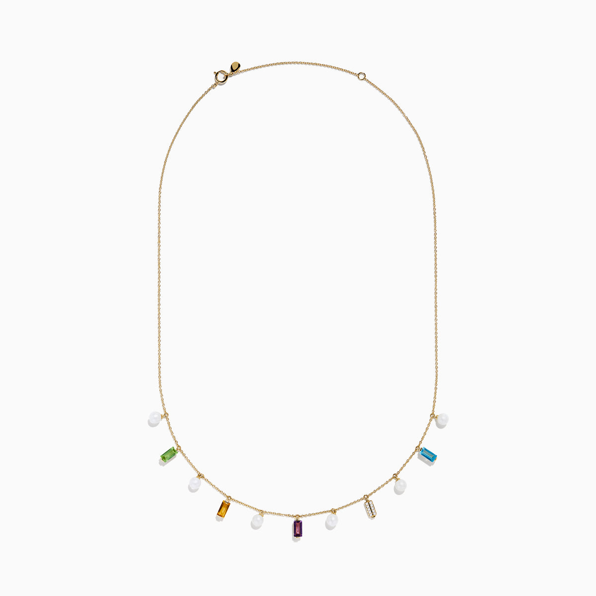 The Mosaic 14K Yellow Multi Color Gemstone Freshwater Pearl and Diamond Necklace features evenly spaced freshwater pearls with green, yellow, purple, clear, and blue gemstones, all set in 14K yellow gold.