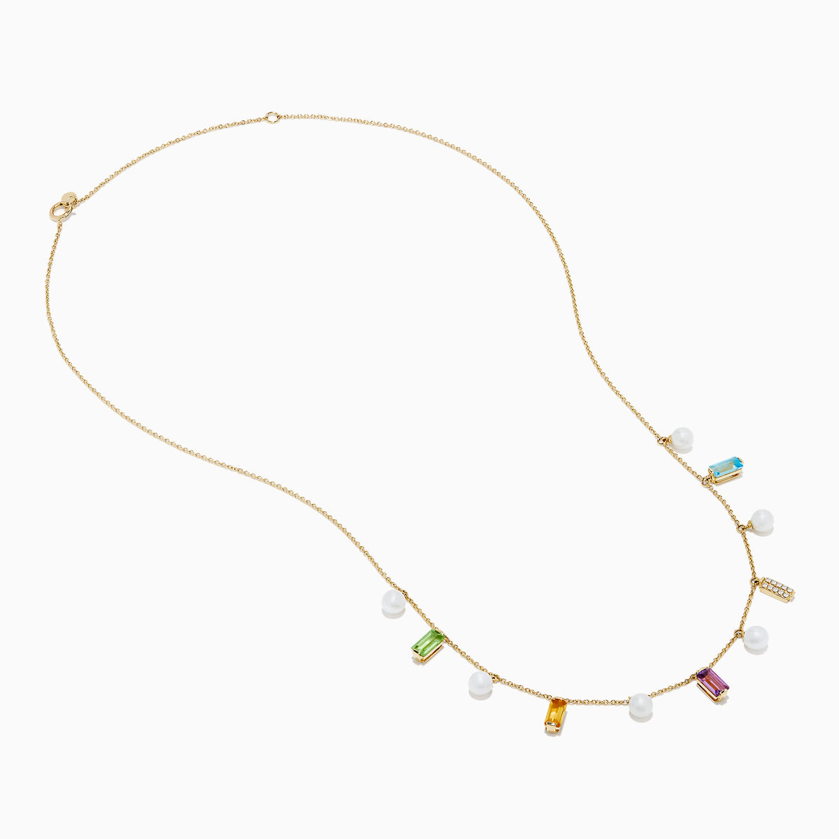 The Mosaic 14K Yellow Multi Color Gemstone Freshwater Pearl and Diamond Necklace features evenly spaced freshwater pearls with green, yellow, purple, clear, and blue gemstones, all set in 14K yellow gold.