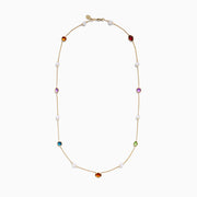 The Mosaic 14K Yellow Multi Color Gemstone and Fresh Water Pearl Station Necklace features evenly spaced blue, orange, and green gemstones with fresh water pearls on a gold chain, displayed on a white background.