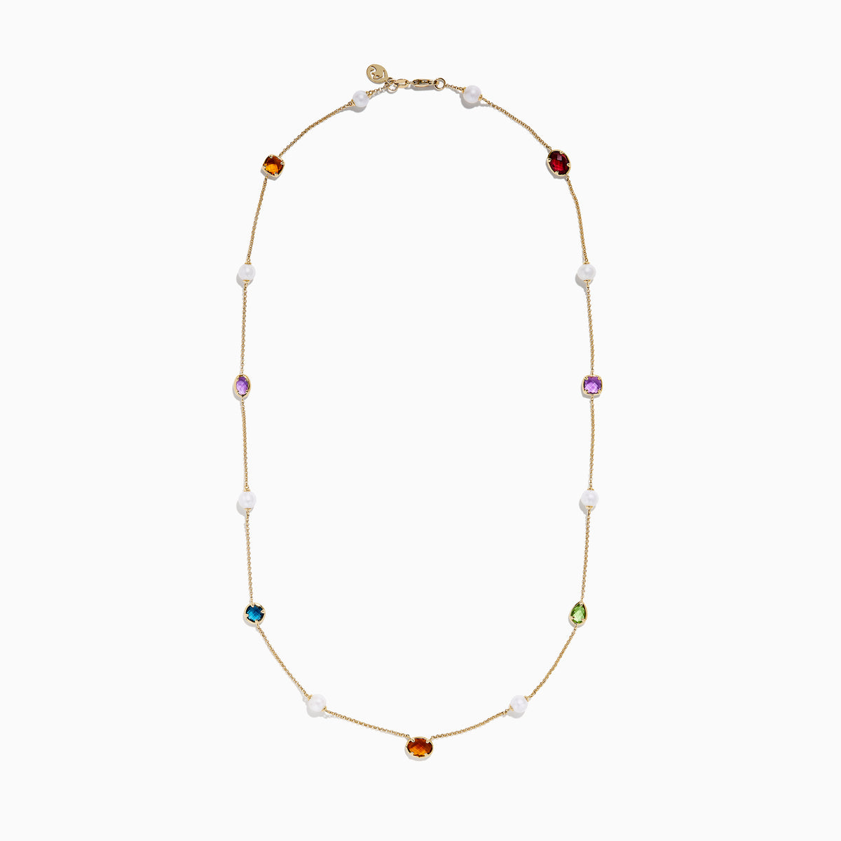The Mosaic 14K Yellow Multi Color Gemstone and Fresh Water Pearl Station Necklace features evenly spaced blue, orange, and green gemstones with fresh water pearls on a gold chain, displayed on a white background.