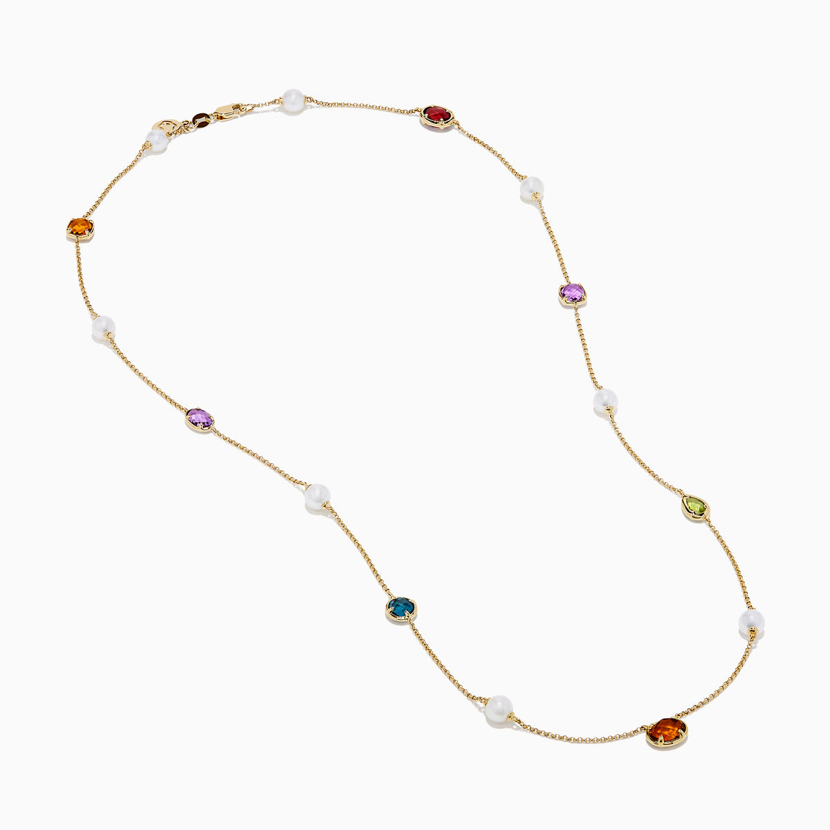 The Mosaic 14K Yellow Multi Color Gemstone and Fresh Water Pearl Station Necklace features evenly spaced blue, orange, and green gemstones with fresh water pearls on a gold chain, displayed on a white background.