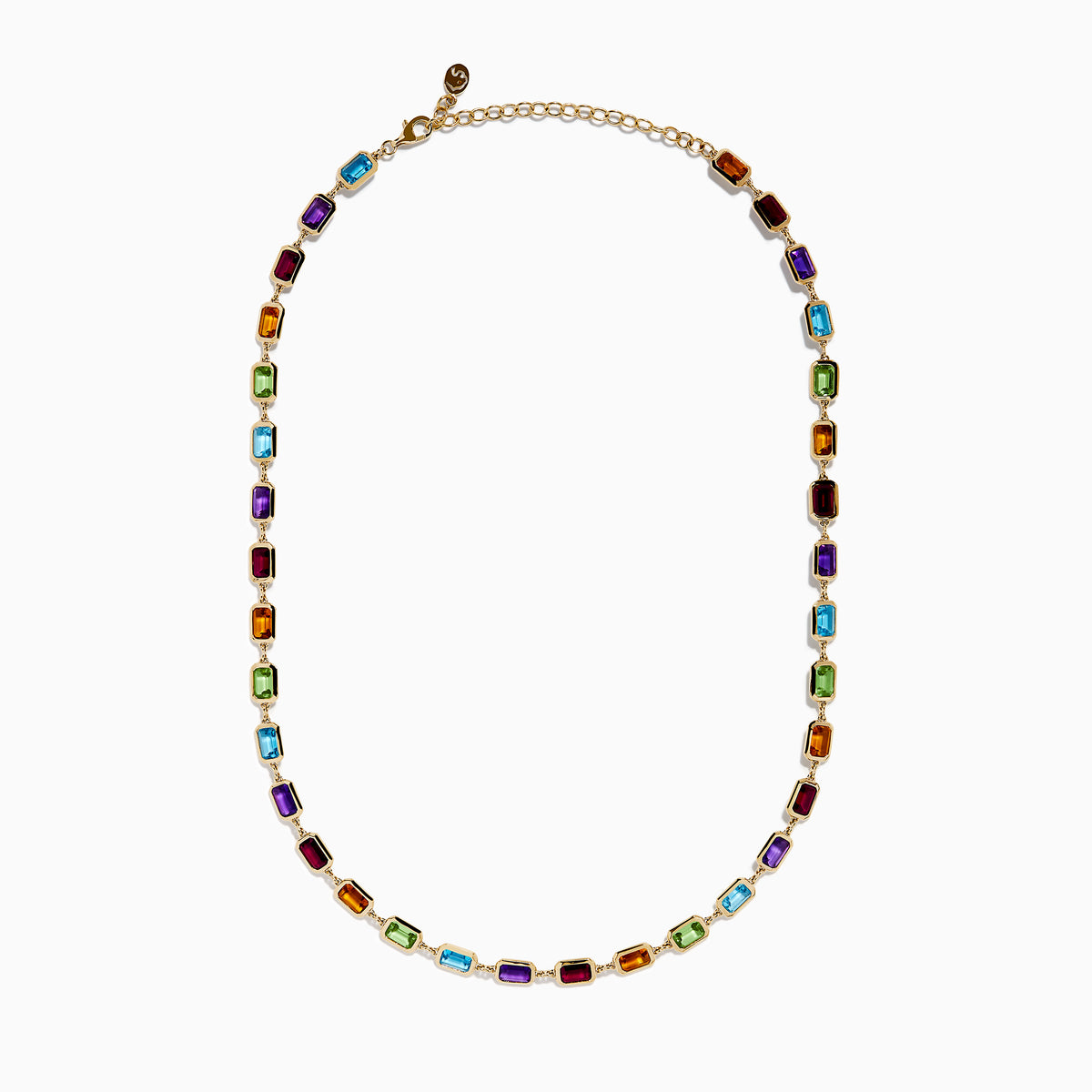 The 14K Yellow Gold Multi Color Gemstone Bezel Necklace features bezel-set rectangular purple, orange, green, and blue gemstones evenly spaced along the chain.