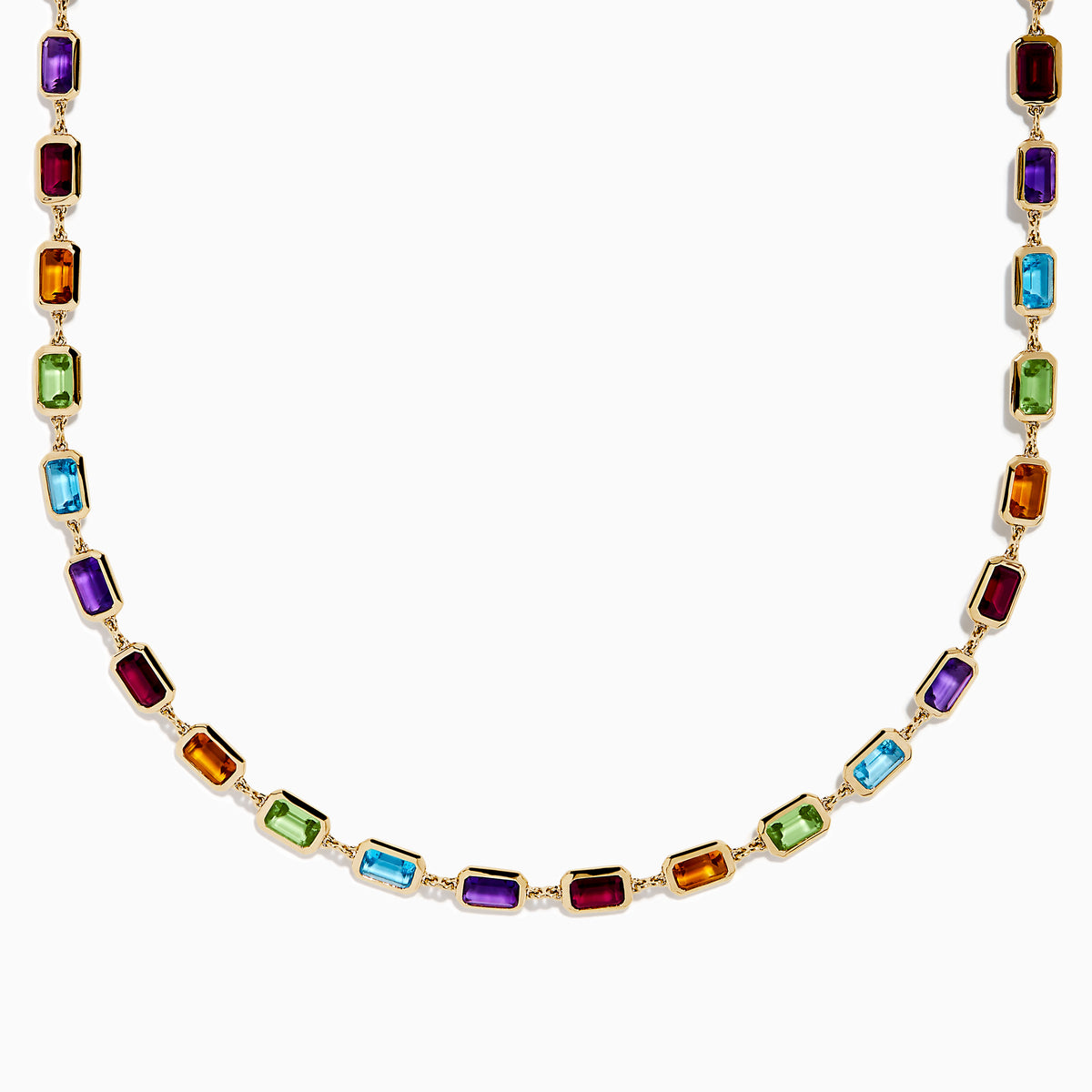 The 14K Yellow Gold Multi Color Gemstone Bezel Necklace features bezel-set rectangular purple, orange, green, and blue gemstones evenly spaced along the chain.