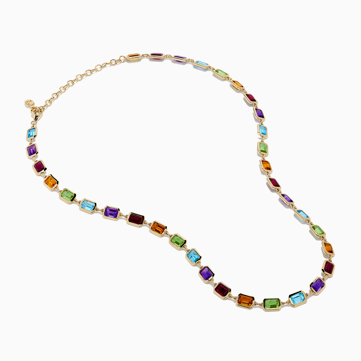 The 14K Yellow Gold Multi Color Gemstone Bezel Necklace features bezel-set rectangular purple, orange, green, and blue gemstones evenly spaced along the chain.