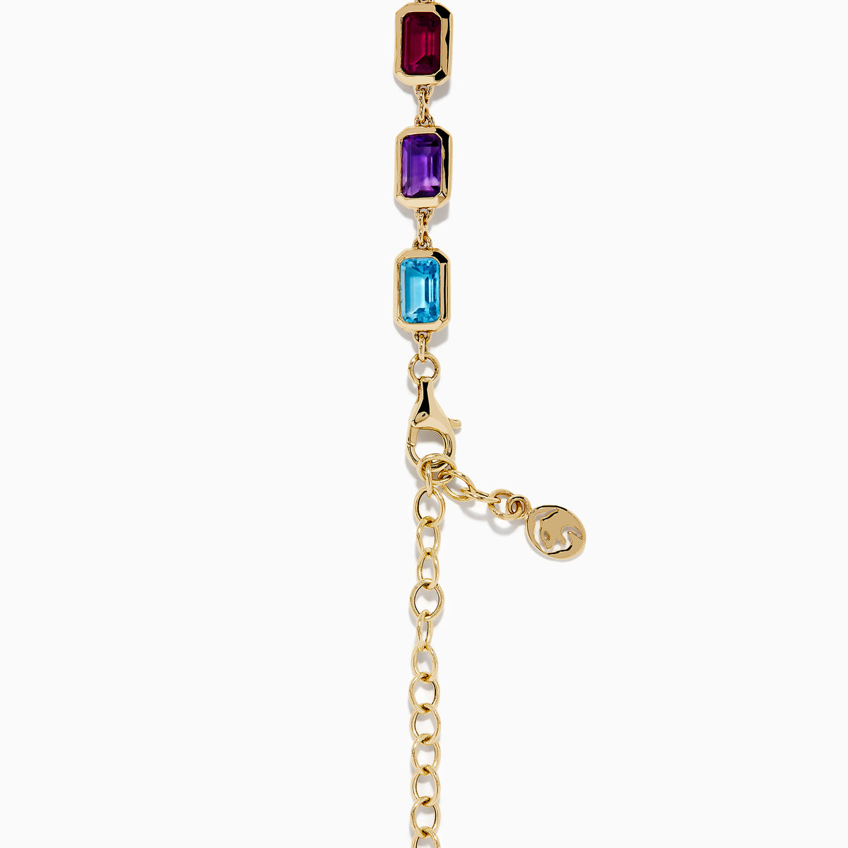 The 14K Yellow Gold Multi Color Gemstone Bezel Necklace features bezel-set rectangular purple, orange, green, and blue gemstones evenly spaced along the chain.