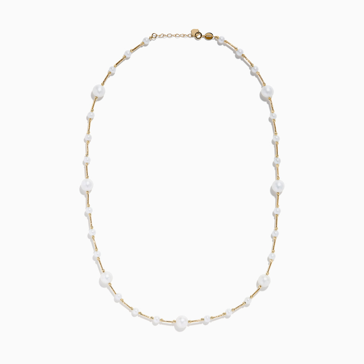 The 14K Yellow Gold Cultured Fresh Water Pearl Station Necklace features small, evenly spaced pearls along a fine gold chain for an elegant, minimalist look. Pearls vary slightly in size for added delicacy.