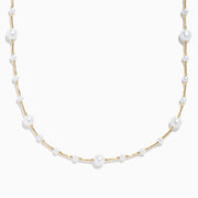 The 14K Yellow Gold Cultured Fresh Water Pearl Station Necklace features small, evenly spaced pearls along a fine gold chain for an elegant, minimalist look. Pearls vary slightly in size for added delicacy.