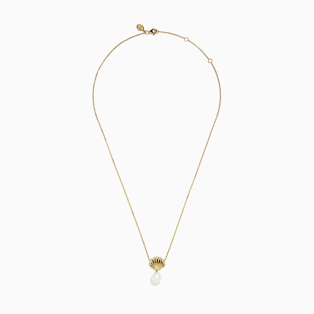 The Novelty 14K Yellow Gold Freshwater Pearl and Diamond Seashell Necklace features a scallop shell-shaped pendant with small diamonds and an elegant freshwater pearl drop.