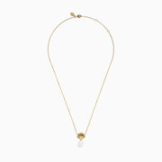 The Novelty 14K Yellow Gold Freshwater Pearl and Diamond Seashell Necklace features a scallop shell-shaped pendant with small diamonds and an elegant freshwater pearl drop.